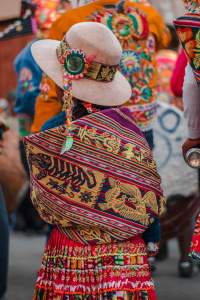 Bolivialainen tyttö takaapäin värikkäissä vaatteissaan.